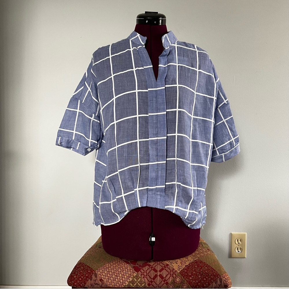 K-Fashion Graph-Checkered Lightweight Oversized Blue Blouse, Sz M-L